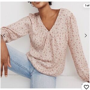 Madewell Satin Puff-Sleeve V-Neck Top in Baby's Breath Avalon Pink Size medium